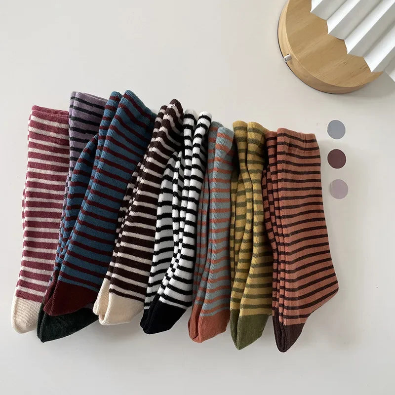 Retro Striped Socks Women Medium Tube Socks Spring and Autumn Cotton