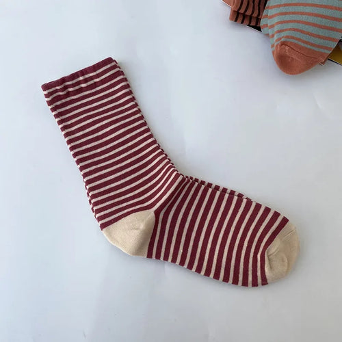 Retro Striped Socks Women Medium Tube Socks Spring and Autumn Cotton