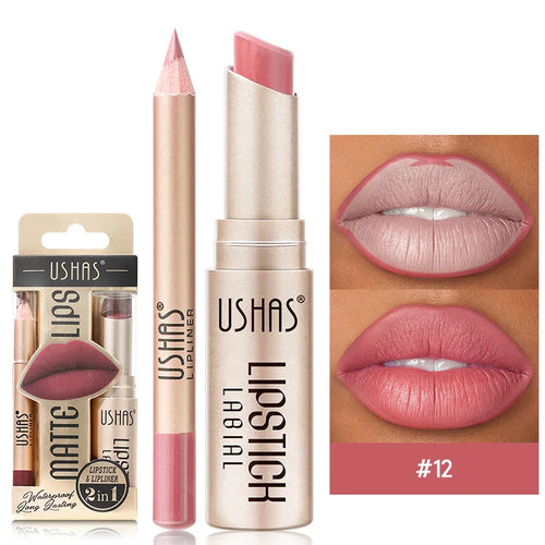 USHAS 12 Color Lip Liner + LIPSTICK Set Easy Coloring Matte Lipstick