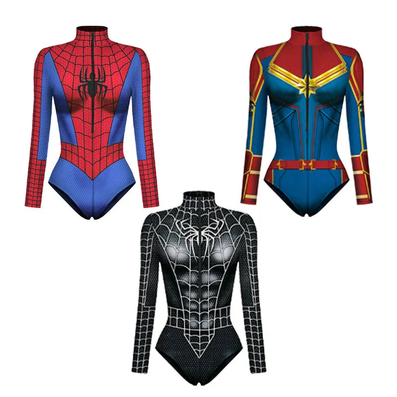 Women Spiderman Swimsuit Superhero Captain Marvel Bodysuit Anime Black