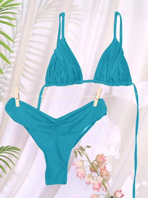 Sexy Folds Bikini Set Solid Micro Bikinis Women Swimsuit Female