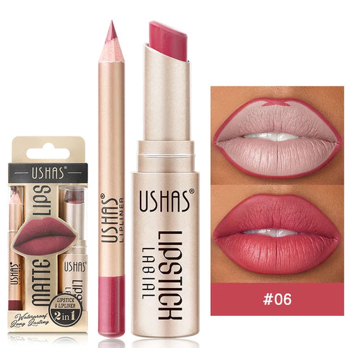 USHAS 12 Color Lip Liner + LIPSTICK Set Easy Coloring Matte Lipstick