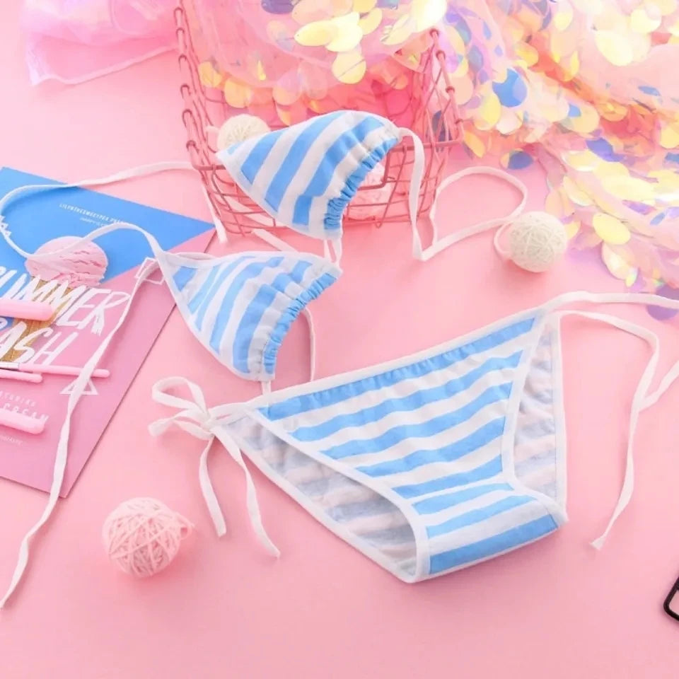 Japan Sexy Lingerie Lolita Kawaii Blue Pink White Striped Mini Bikini
