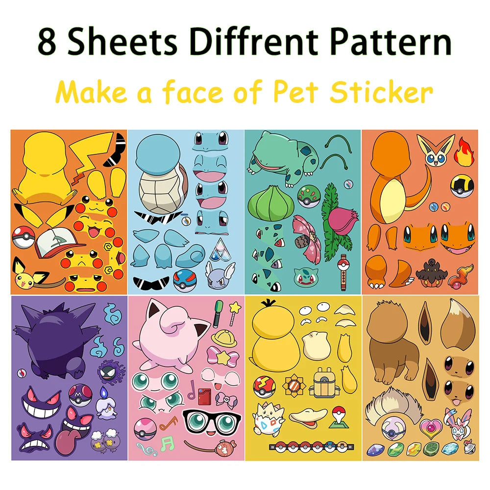 8/16sheets Pokemon Anime Pikachu Gengar Puzzle Stickers Make A Face