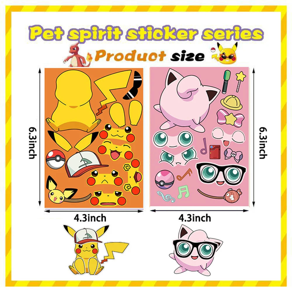 8/16sheets Pokemon Anime Pikachu Gengar Puzzle Stickers Make A Face
