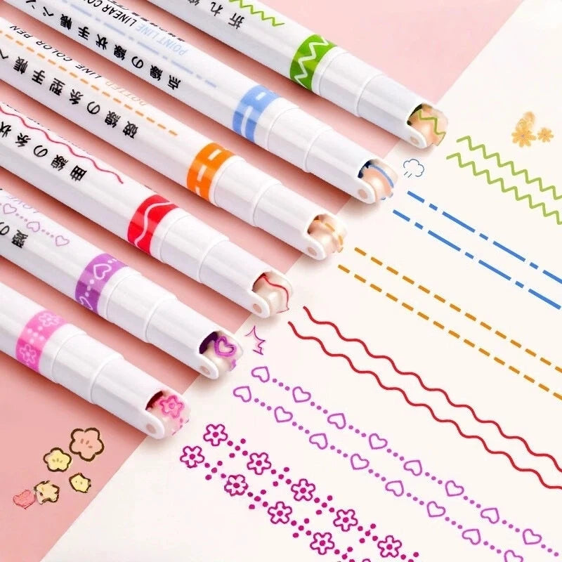 6Pcs New Flower Shape Outline Pens Highlighter Marker Curve Roller Tip