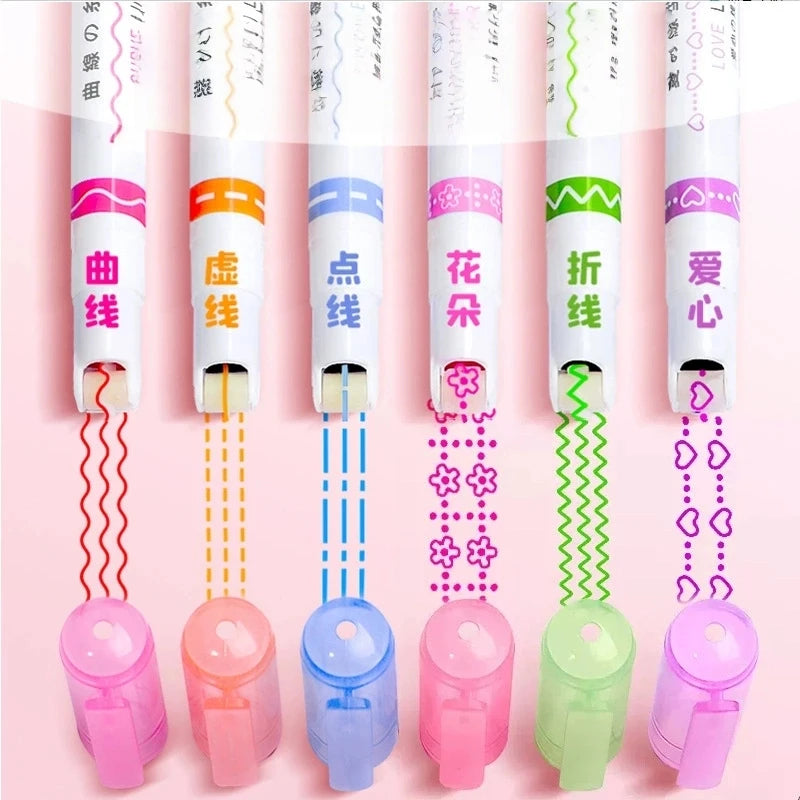 6Pcs New Flower Shape Outline Pens Highlighter Marker Curve Roller Tip
