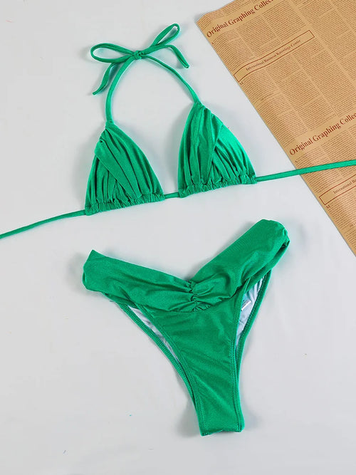 Sexy Folds Bikini Set Solid Micro Bikinis Women Swimsuit Female