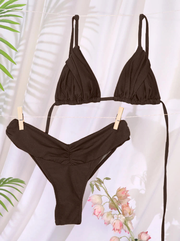 Sexy Folds Bikini Set Solid Micro Bikinis Women Swimsuit Female