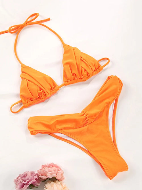 Sexy Folds Bikini Set Solid Micro Bikinis Women Swimsuit Female