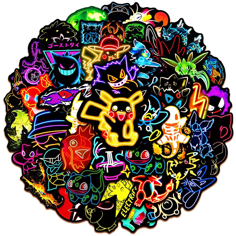 10/30/50pcs Cool Anime Neon Pokemon Stickers Pikachu Cartoon Decals
