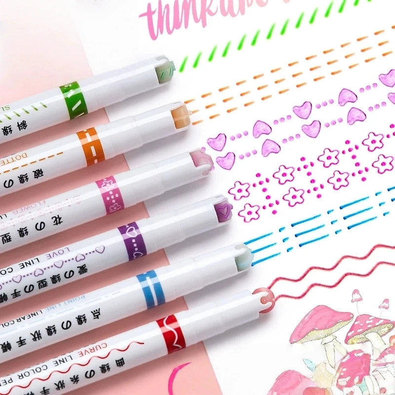 6Pcs New Flower Shape Outline Pens Highlighter Marker Curve Roller Tip