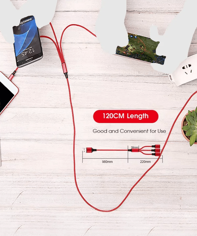 4 Port LED Car Charger + 3 in 1 Cable Combo Blue