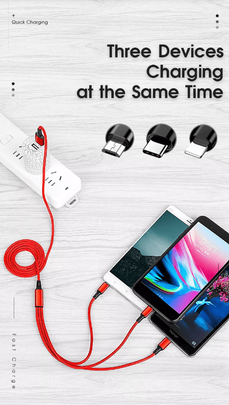 4 Port LED Car Charger + 3 in 1 Cable Combo Blue