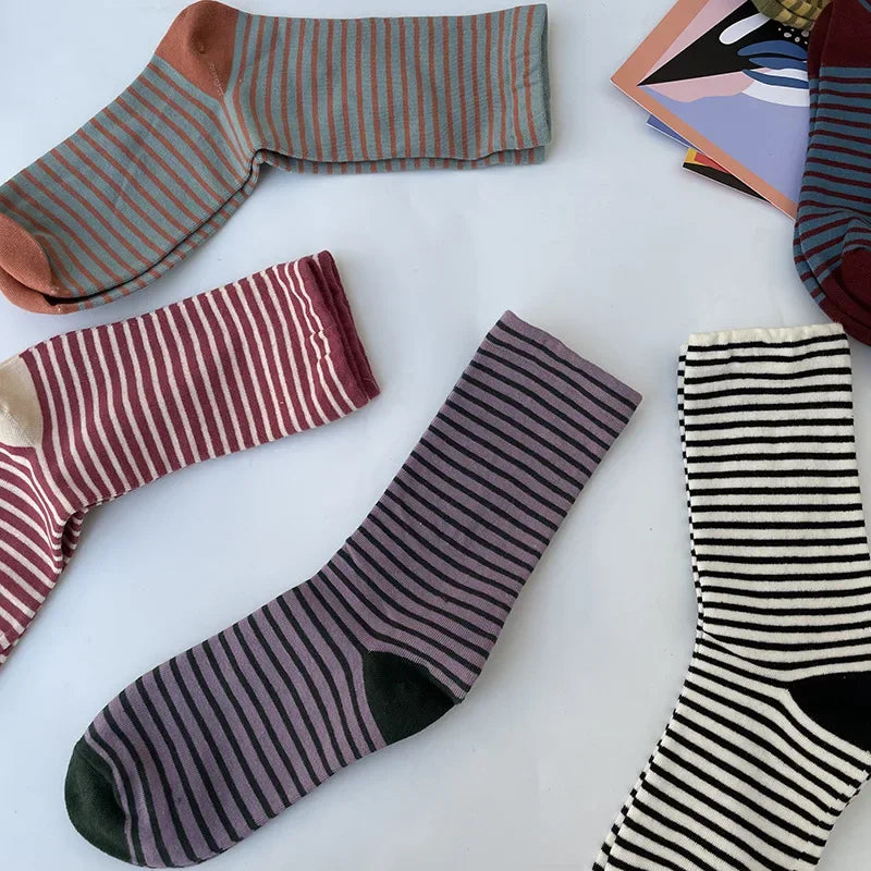 Retro Striped Socks Women Medium Tube Socks Spring and Autumn Cotton