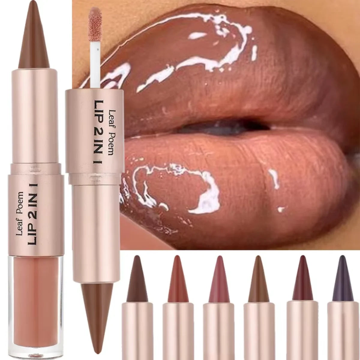 2IN1 Tapered Gradient Lipliner Pen Nude Brown Mirror Glass Lip Gloss