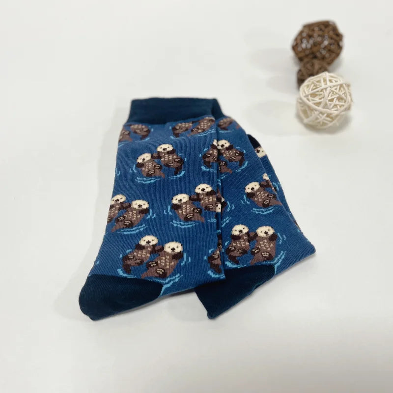 1 Pair Comfy Novelty Cute Brothers Otter Swimming Mid-Calf Men's Socks