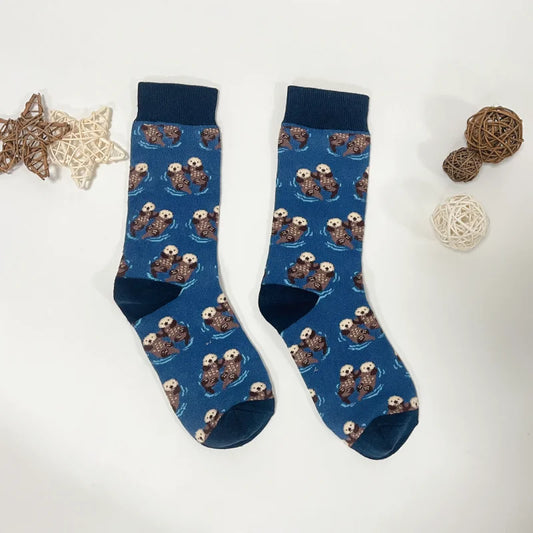 1 Pair Comfy Novelty Cute Brothers Otter Swimming Mid-Calf Men's Socks