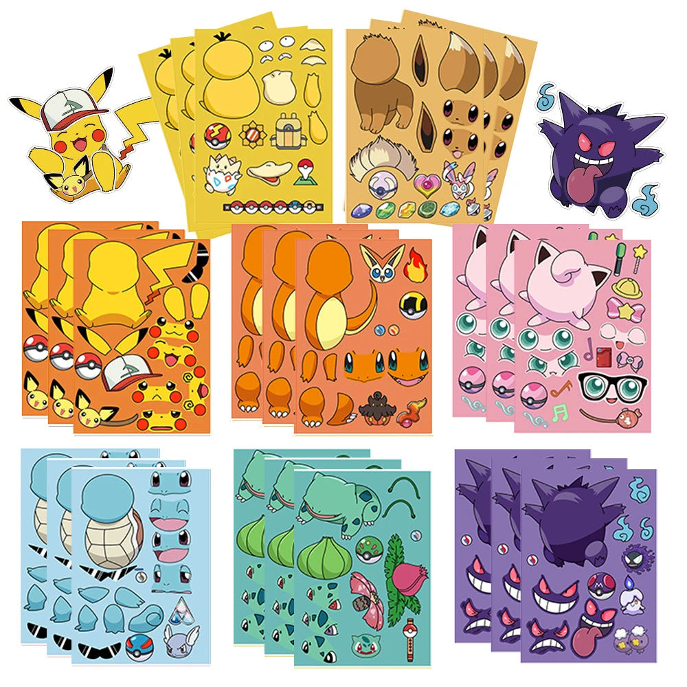 8/16sheets Pokemon Anime Pikachu Gengar Puzzle Stickers Make A Face