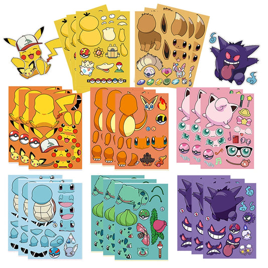 8/16sheets Pokemon Anime Pikachu Gengar Puzzle Stickers Make A Face