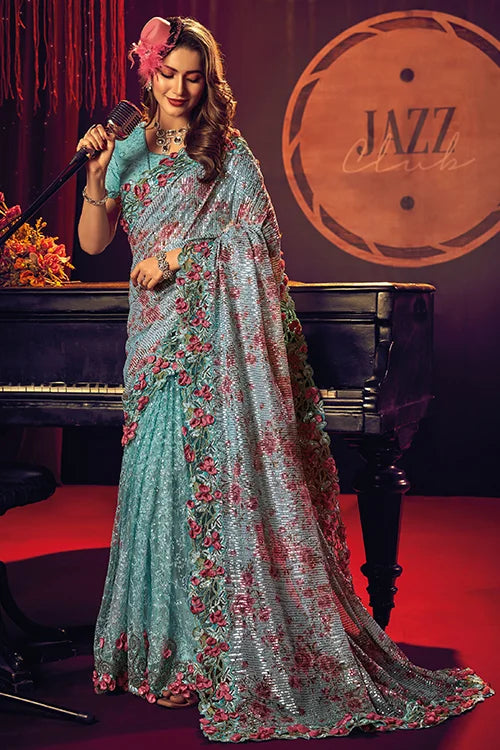 Sea-Green Digital Net With Sequins Thread Work Designer Saree