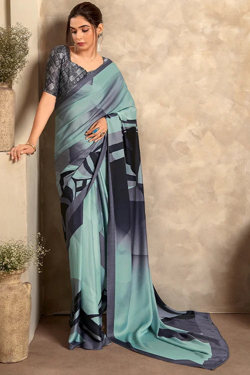 Digital Printed Satin Silk Green Sari With Blouse At Clothsvilla