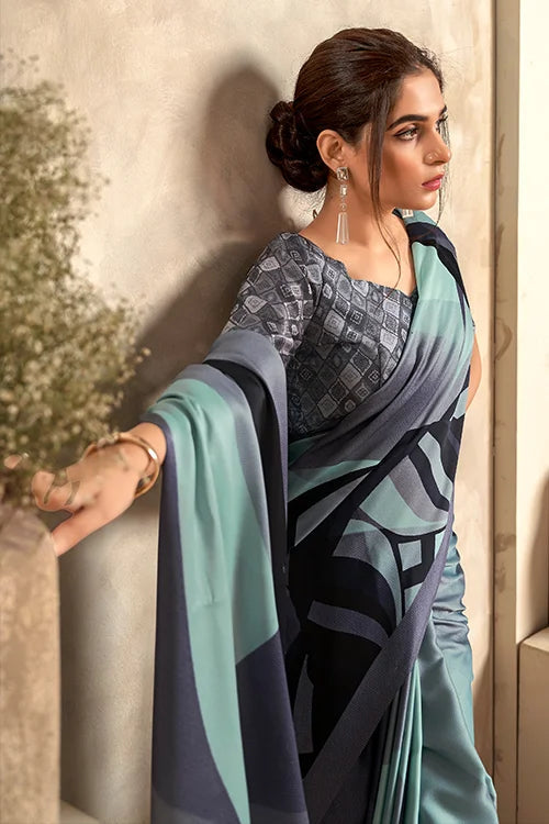 Digital Printed Satin Silk Green Sari With Blouse At Clothsvilla