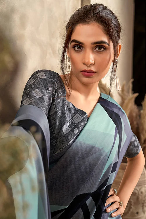 Digital Printed Satin Silk Green Sari With Blouse At Clothsvilla