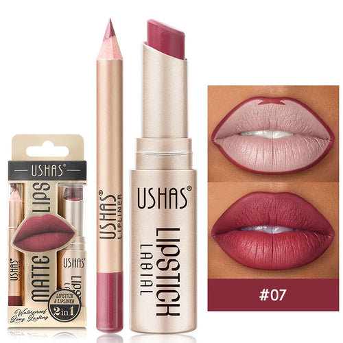USHAS 12 Color Lip Liner + LIPSTICK Set Easy Coloring Matte Lipstick