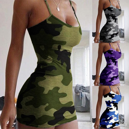 Sexy Women Sleeveless Spaghetti Straps Camouflage Print Party Bodycon