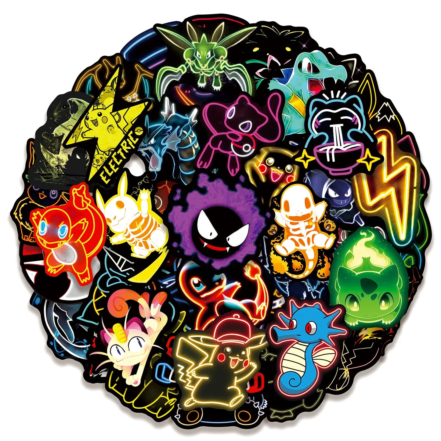 50pcs Anime Neon Pokemon Stickers Pikachu Cartoon Decals Waterproof