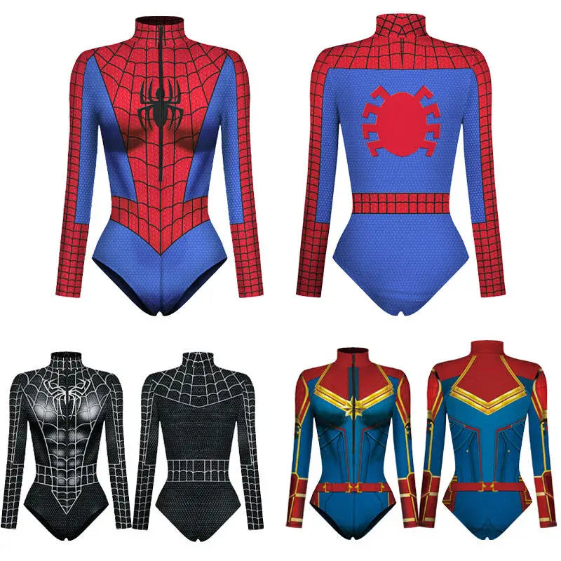 Women Spiderman Swimsuit Superhero Captain Marvel Bodysuit Anime Black