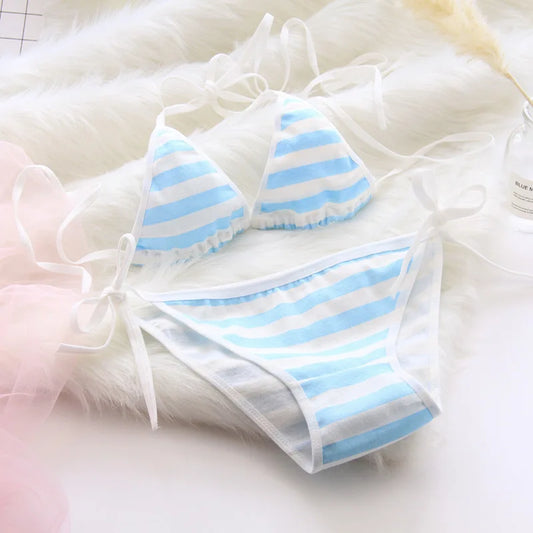 Japan Sexy Lingerie Lolita Kawaii Blue Pink White Striped Mini Bikini