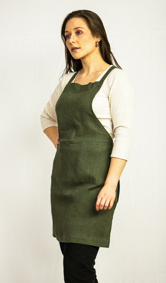 Moss Green linen apron
