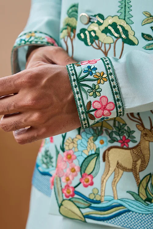 Stylish Sky Color Mens Koti Kurta Set Collection