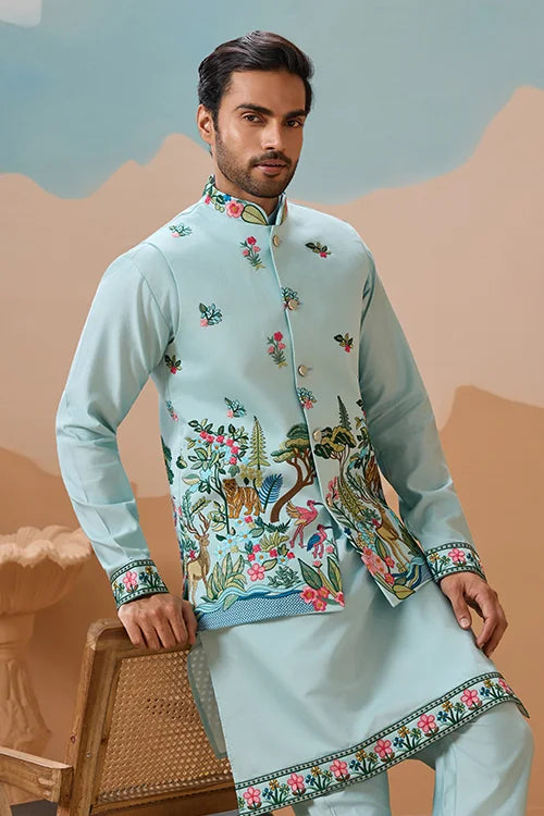 Stylish Sky Color Mens Koti Kurta Set Collection