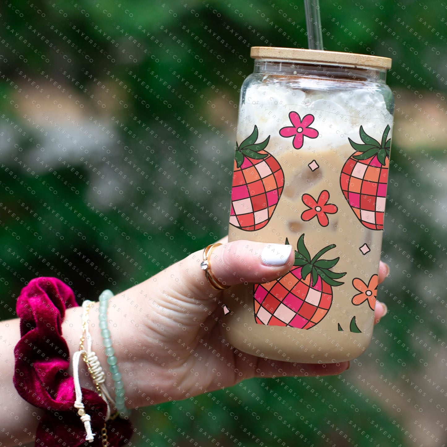 16oz Fruit Strawberry Disco Glass Cup with Bamboo Lid & Straw #100110