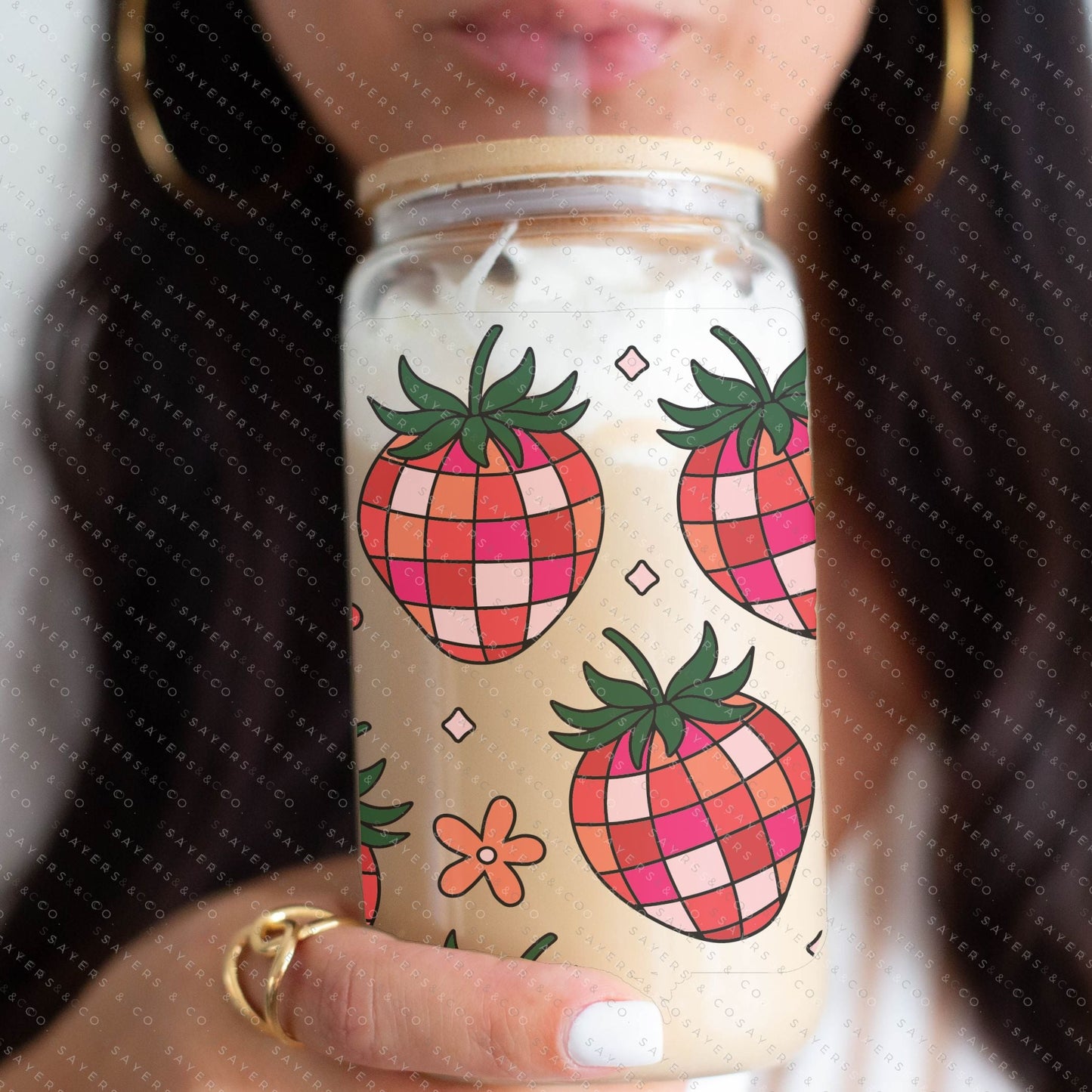 16oz Fruit Strawberry Disco Glass Cup with Bamboo Lid & Straw #100110