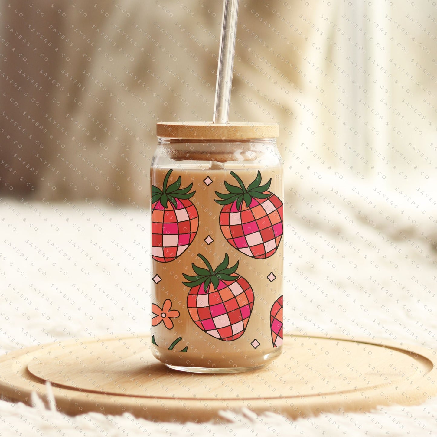 16oz Fruit Strawberry Disco Glass Cup with Bamboo Lid & Straw #100110
