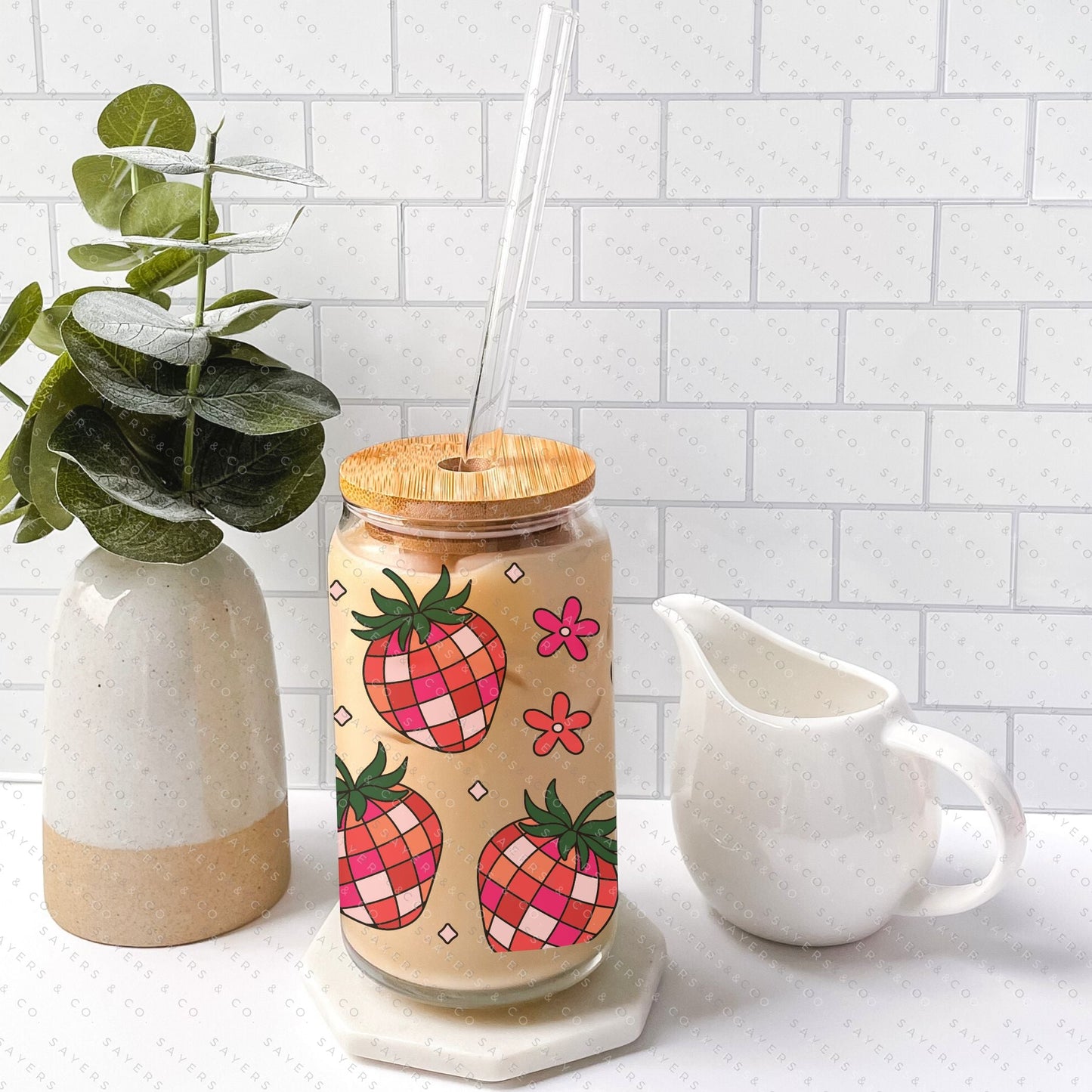 16oz Fruit Strawberry Disco Glass Cup with Bamboo Lid & Straw #100110