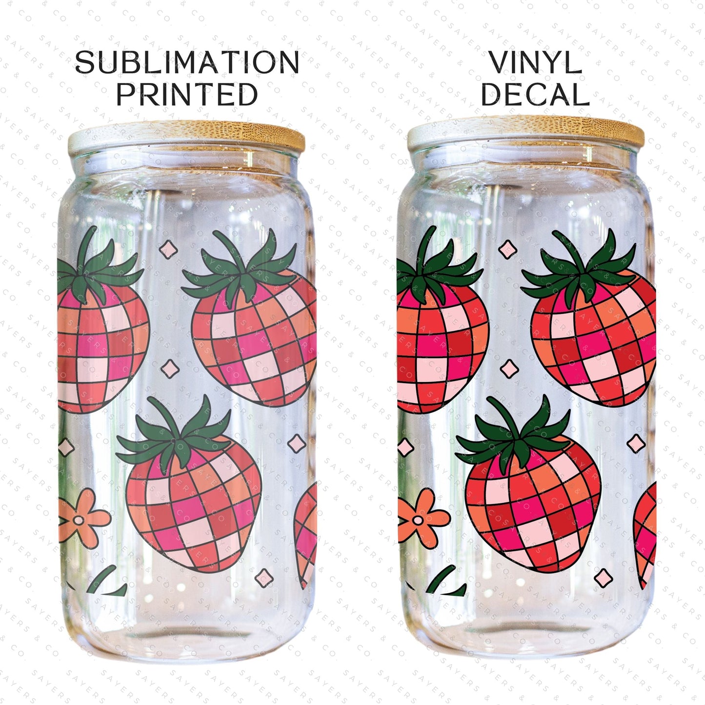 16oz Fruit Strawberry Disco Glass Cup with Bamboo Lid & Straw #100110
