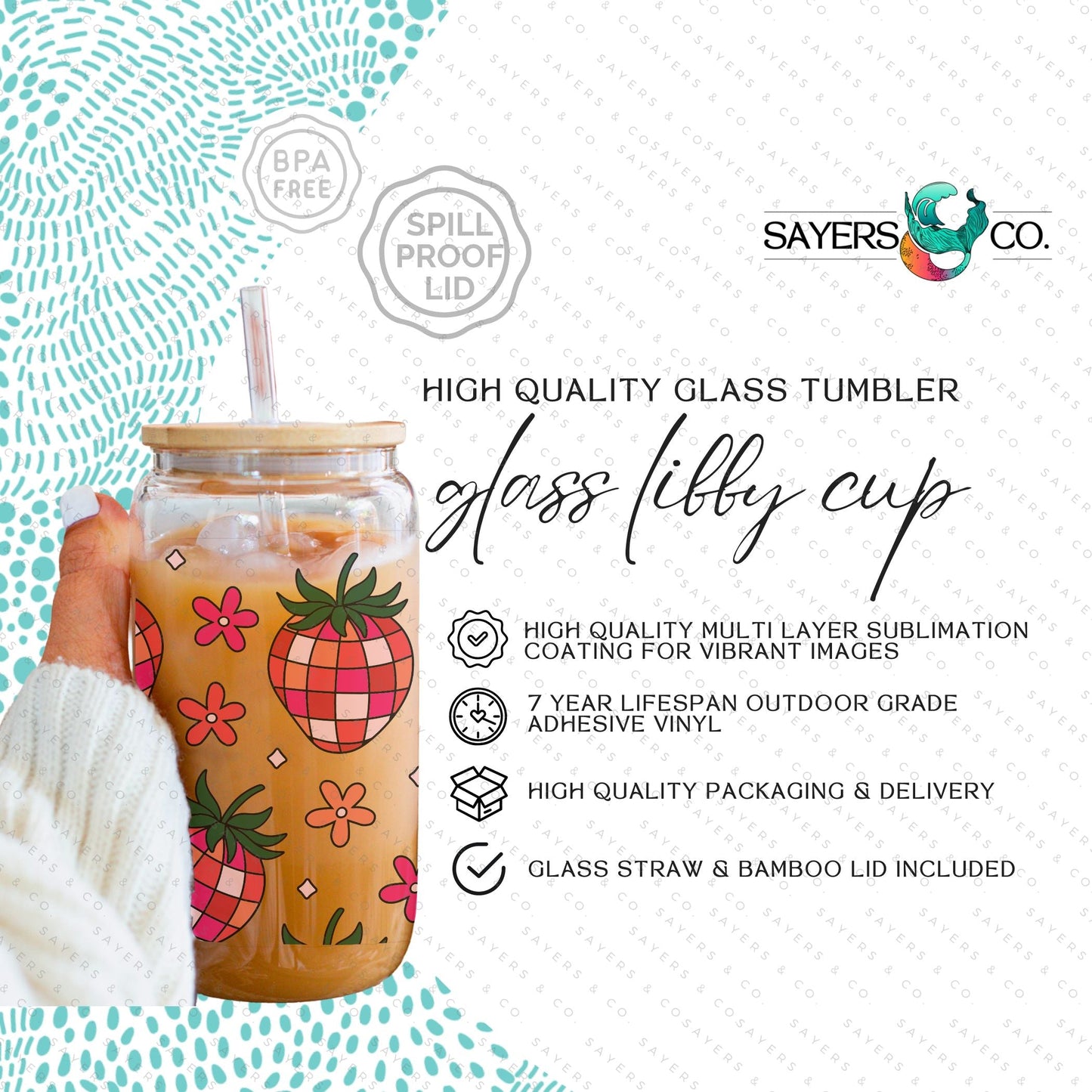 16oz Fruit Strawberry Disco Glass Cup with Bamboo Lid & Straw #100110