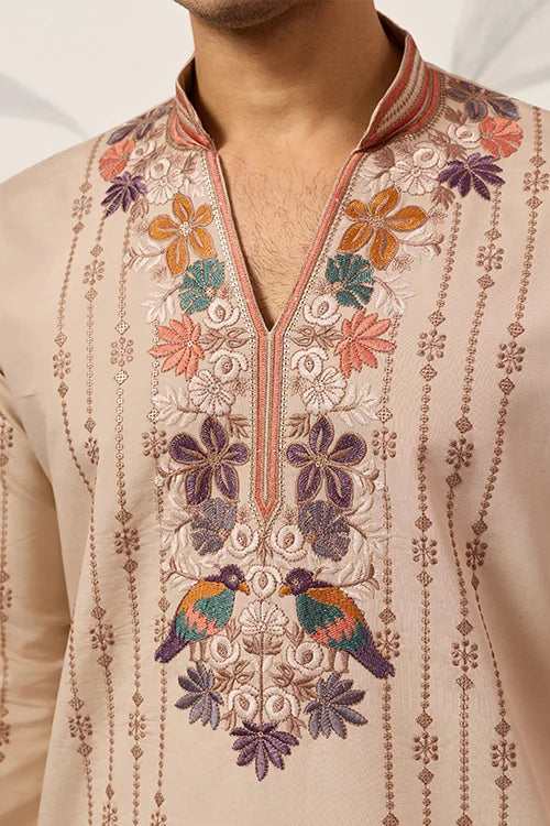 Premium Beige Embroidered V Neck Kurta Pant Set