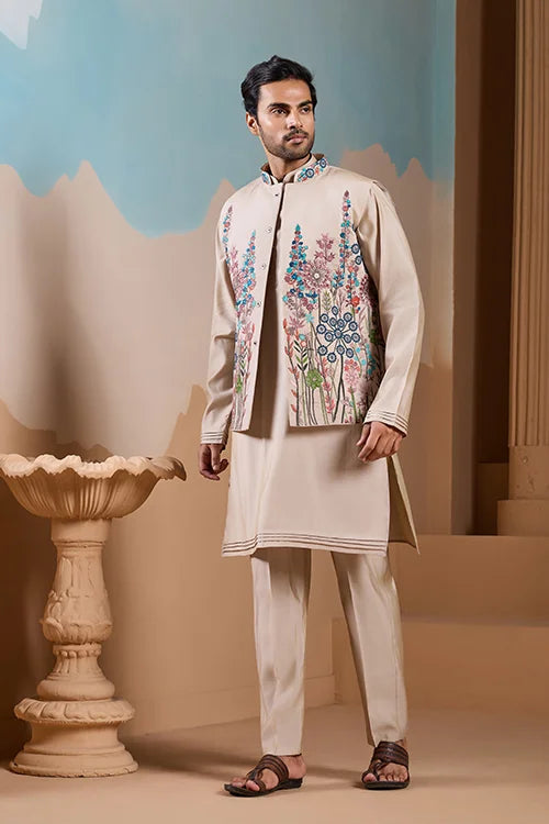 Elegant Fashionable Beige Koti Kurta Set for Mens Wear