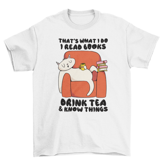 Cat reading books cartoon t-shirt