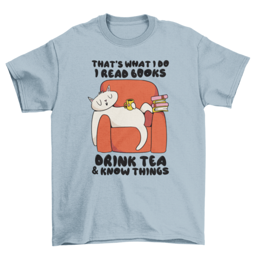 Cat reading books cartoon t-shirt