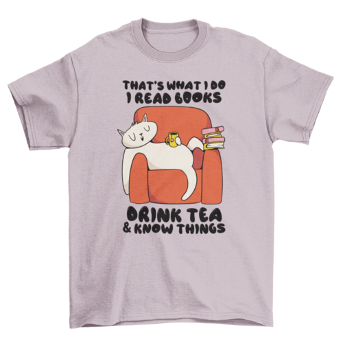 Cat reading books cartoon t-shirt