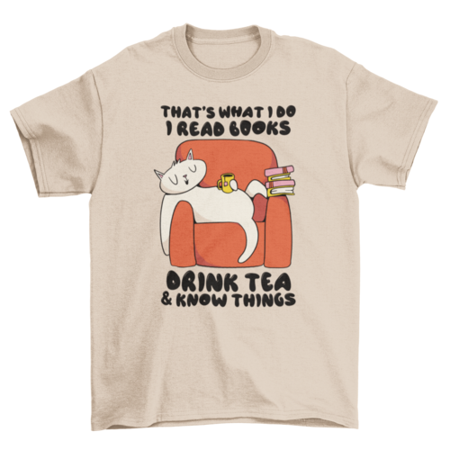 Cat reading books cartoon t-shirt