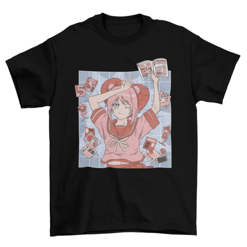 Anime girl with comic books t-shirt