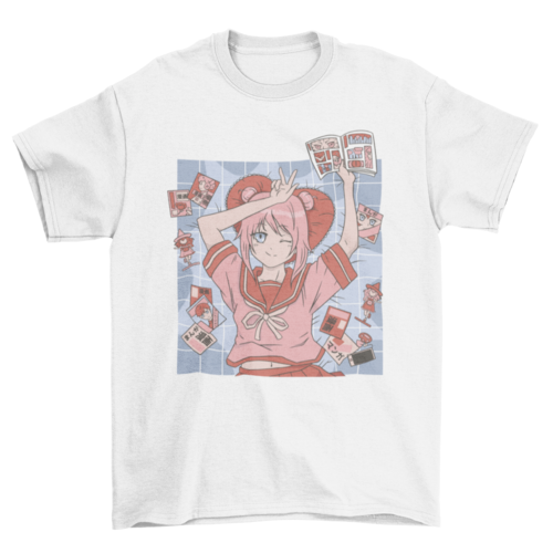 Anime girl with comic books t-shirt